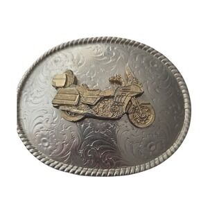 Vintage Made in USA Motorcycle Belt Buckle Silver Gold Tone Floral Western Oval